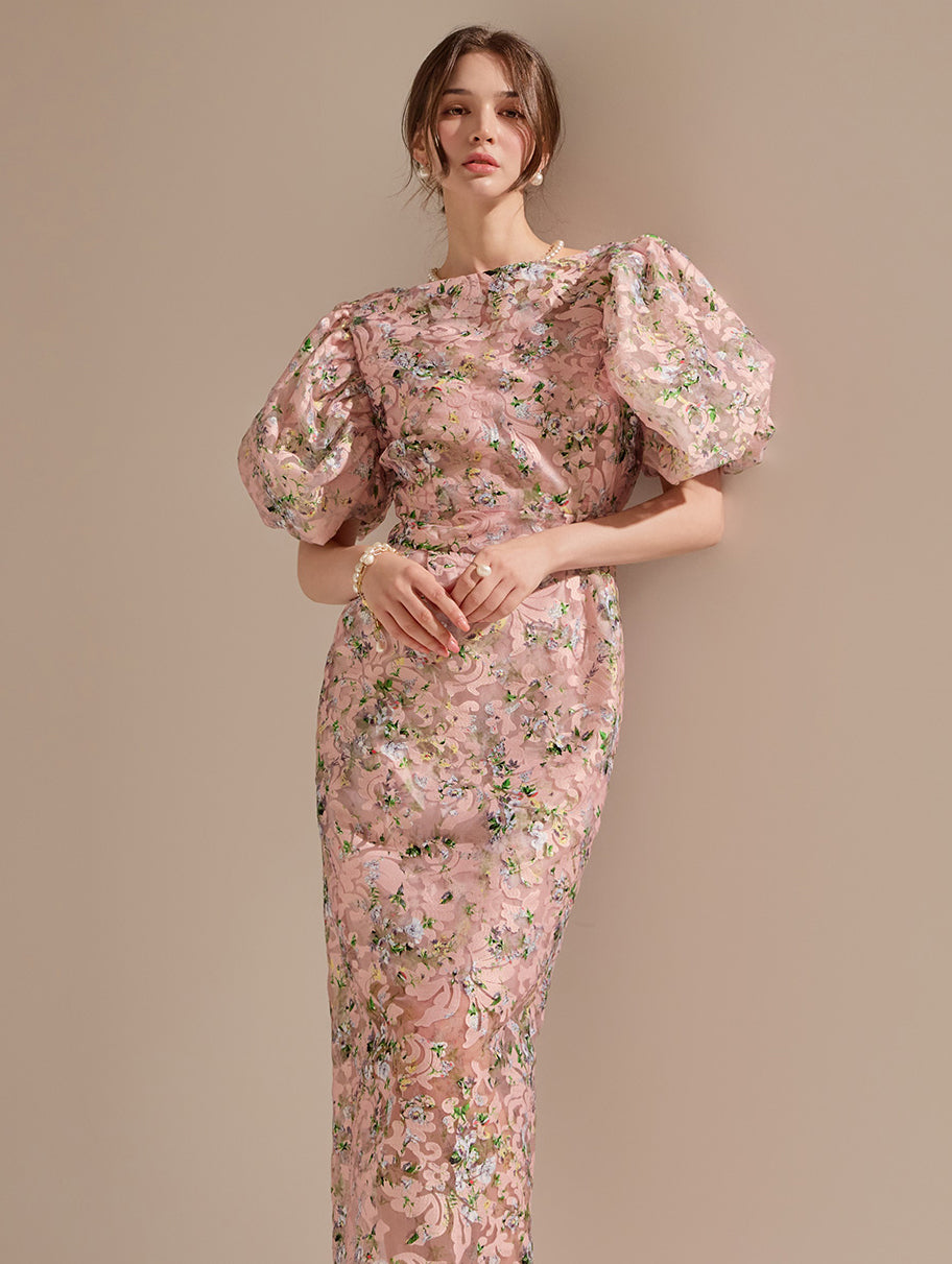 D9082 Floral Puff Slim Midi Dress*LARGE Size Available* – DECOTREED